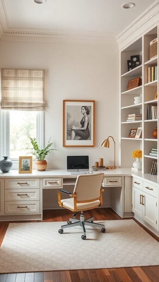 A cozy home office with built-in shelves, a desk, and a comfortable chair, featuring plants and artwork.