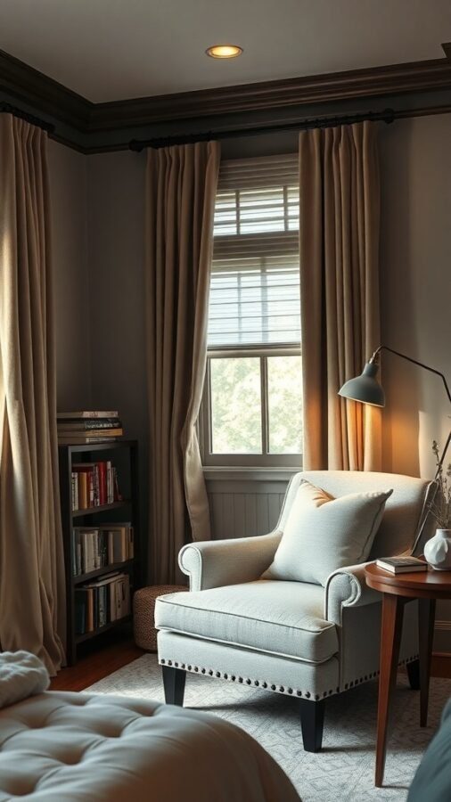 A cozy reading nook in a master bedroom featuring a comfortable chair, side table, and bookshelf.