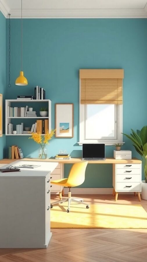 10 Stylish Elements for a Modern Home Office Upgrade 7 A modern home office featuring turquoise walls, yellow accents, and light wood furniture.
