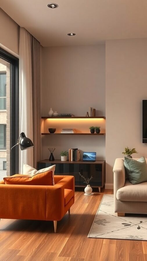 A modern living room featuring a cozy orange chair, sleek black shelving with smart devices, and warm lighting.