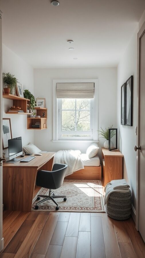 A small home office featuring a desk, daybed, and shelves with plants.