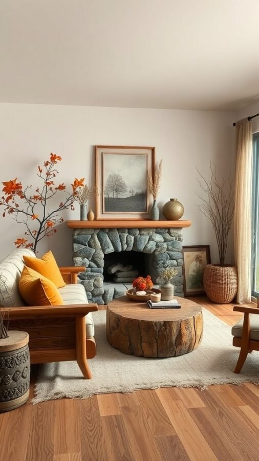 A cozy living room featuring a stone fireplace, wooden furniture, and autumn decorations.