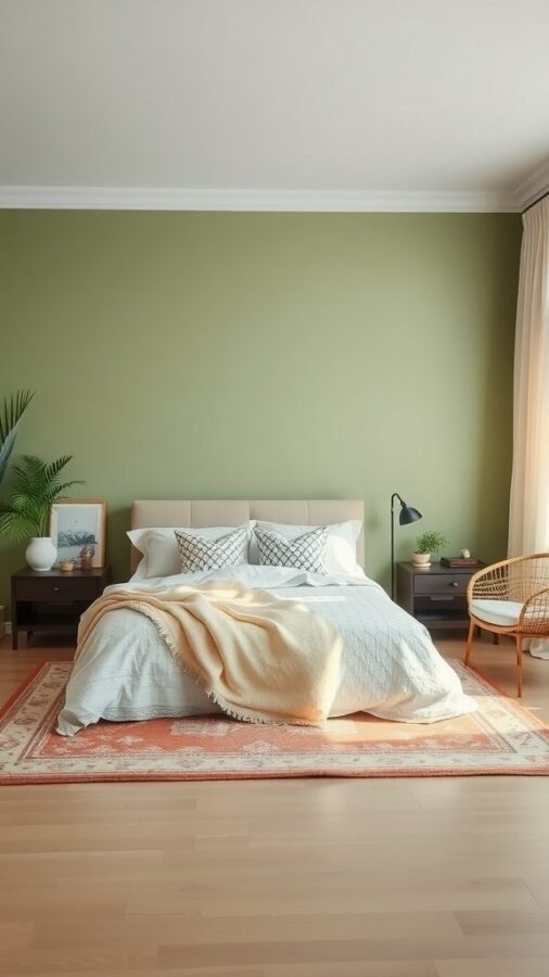 13 Stunning Sage Green Bedroom Ideas for a Serene Retreat 10 A cozy sage green bedroom featuring a bed with patterned pillows, a light blanket, and a decorative rug.
