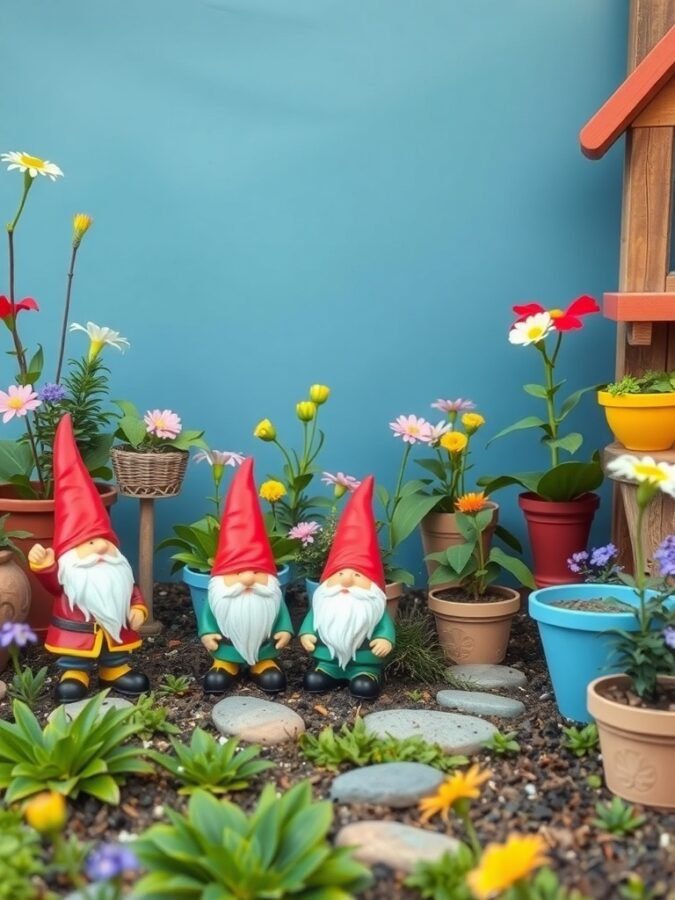 Three colorful garden gnomes surrounded by blooming flowers and potted plants.