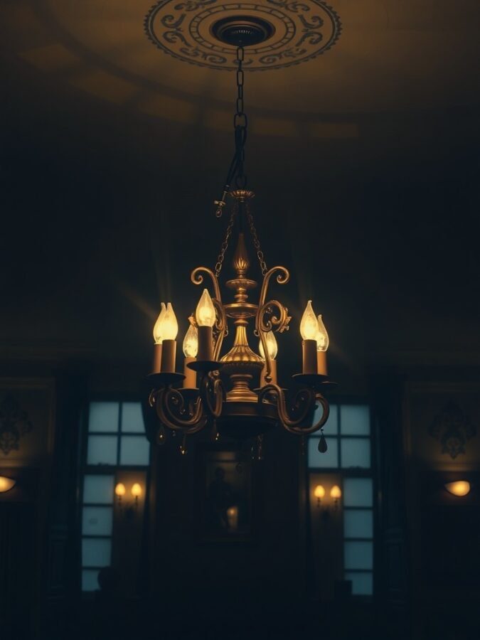 A vintage chandelier with candle-like bulbs, casting a warm glow in a dimly lit room.