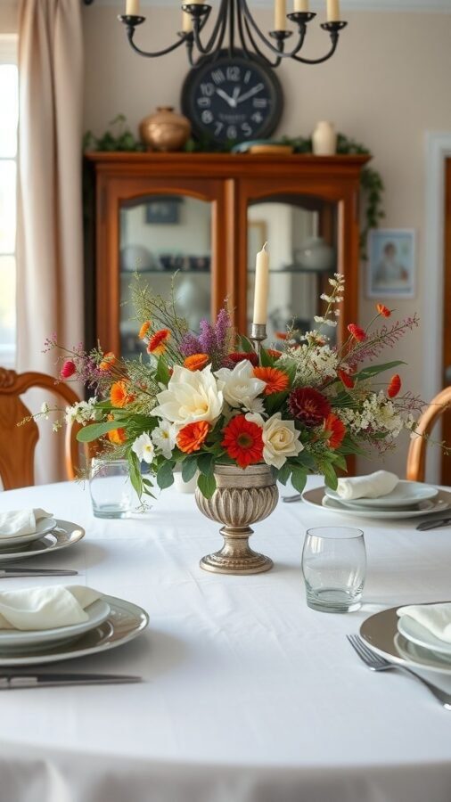 A beautifully arranged floral centerpiece on a dining table with plates and glasses.