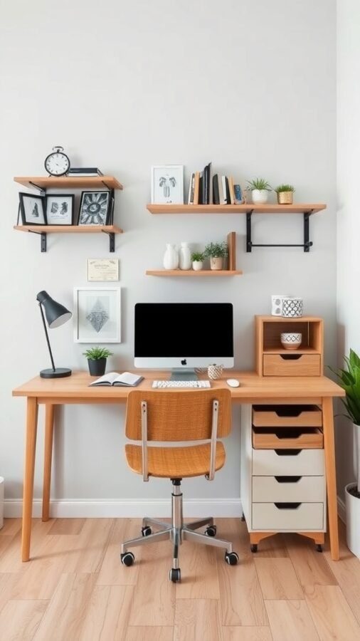 A well-organized home office desk with floating shelves, a computer, and storage drawers.