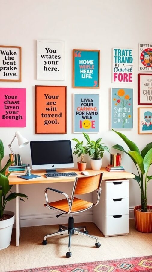 A bright home office with colorful wall art, plants, and a simple desk setup.