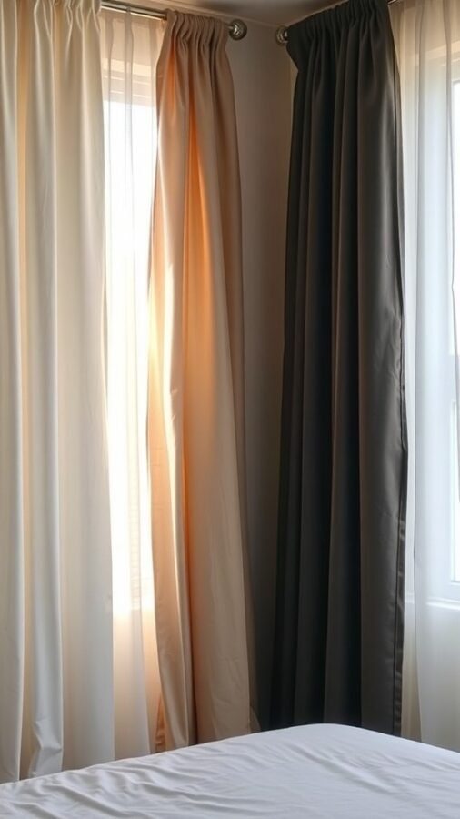 11 Stunning Curtain Ideas to Transform Your Bedroom 8 A bedroom window with sheer curtains on one side and blackout curtains on the other, showcasing a balance of light and darkness.