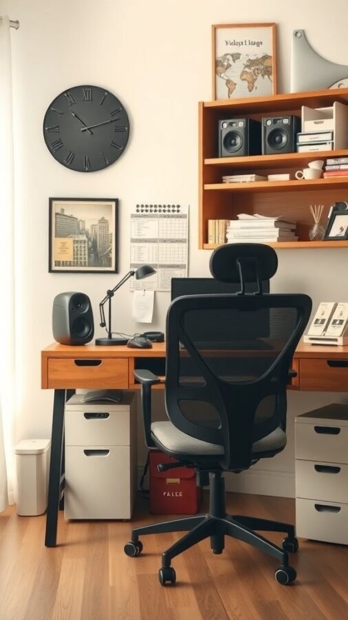 A stylish home office with a desk, chair, and organized shelves.