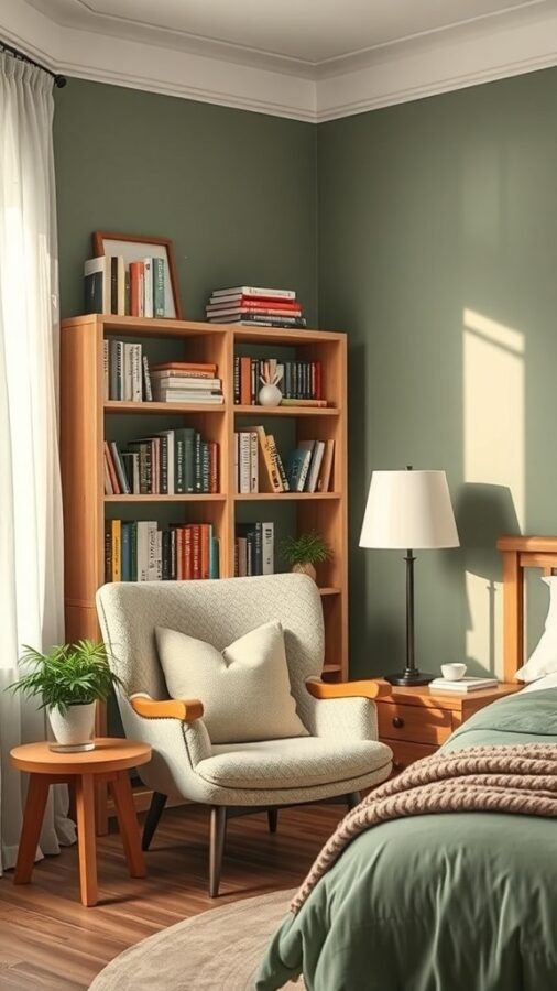 13 Stunning Sage Green Bedroom Ideas for a Serene Retreat 12 A cozy reading nook in a sage green bedroom featuring a comfortable chair, a small table with a plant, and a bookshelf filled with books.