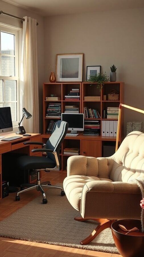 9 Must-Have Items for the Ultimate Home Office for Men 2 A cozy home office featuring a plush armchair and an ergonomic office chair, with a desk and bookshelves in the background.