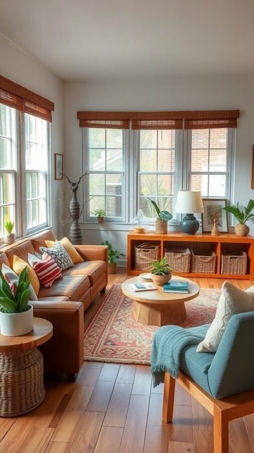 Cozy living room with sustainable materials and eco-friendly designs, featuring a leather sofa, wooden furniture, and plants.