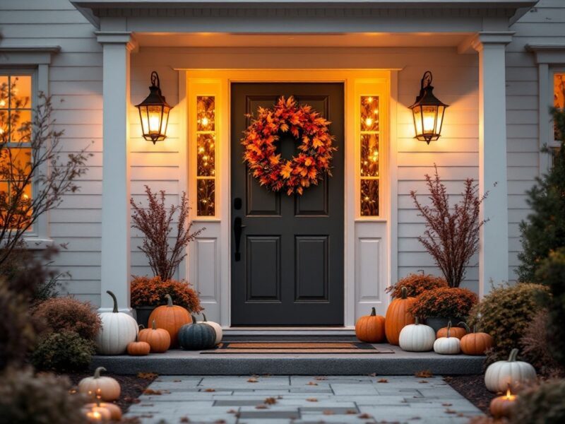 5 Cozy Fall Home Decor Ideas You’ll Love 5 A cozy entryway decorated for fall with a wreath, pumpkins, and lanterns.