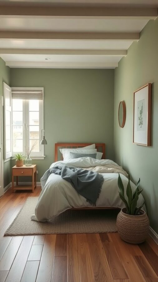 13 Stunning Sage Green Bedroom Ideas for a Serene Retreat 11 A small bedroom with sage green walls, wooden furniture, and natural light.