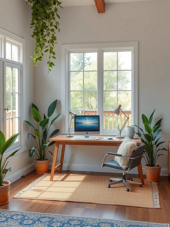A bright home office featuring a wooden desk, computer, and various indoor plants.