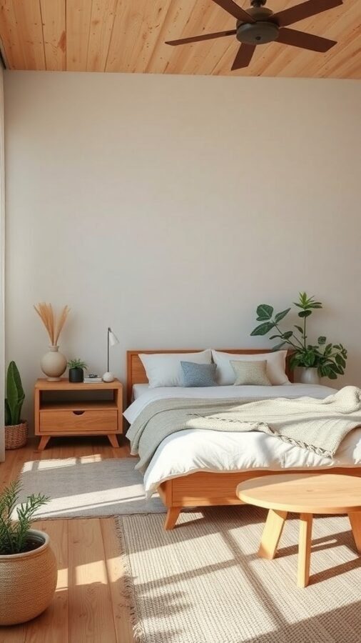 A cozy bedroom featuring wooden furniture, plants, and natural light.