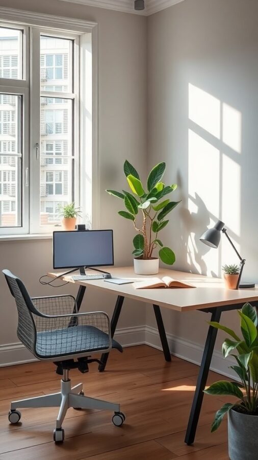 10 Stylish Elements for a Modern Home Office Upgrade 4 A modern home office featuring a desk with a computer, surrounded by various indoor plants.
