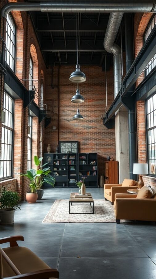 13 Awesome Home Decor Inspo to Transform Your Space 9 A spacious industrial loft with exposed brick walls, large windows, and cozy furniture.