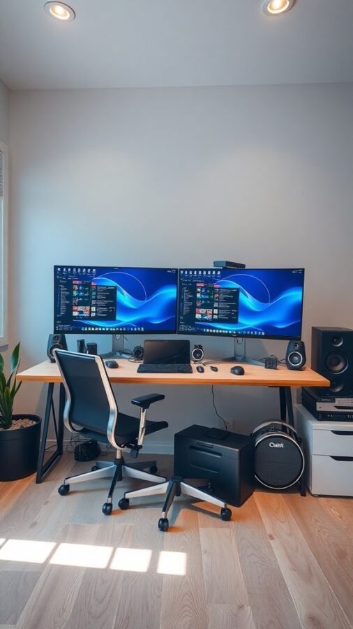 10 Inspiring Home Office Ideas for Maximum Productivity 8 A modern home office setup with dual monitors, a comfortable chair, and quality speakers.
