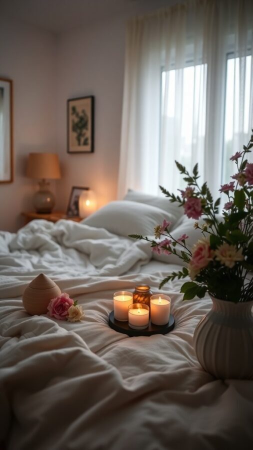 A cozy bedroom with candles, flowers, and soft bedding.