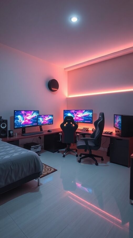 A modern teen boy bedroom featuring a gaming setup with two monitors, a gaming chair, and LED lighting.
