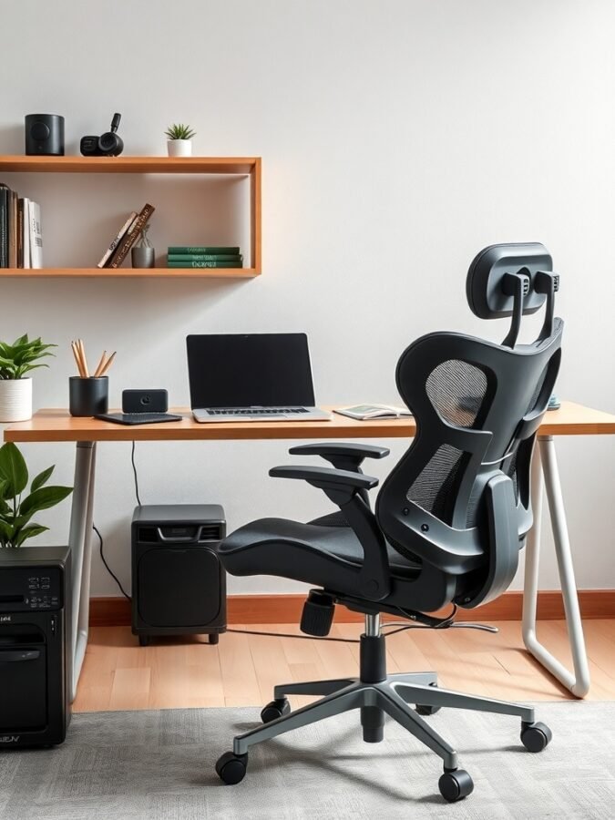 A modern ergonomic chair in front of a sleek desk with a laptop and decorative plants.