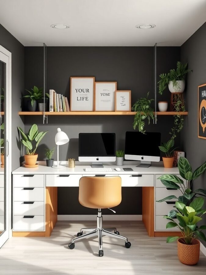 A modern home office layout featuring a sleek desk, two computers, plants, and wall-mounted shelves.