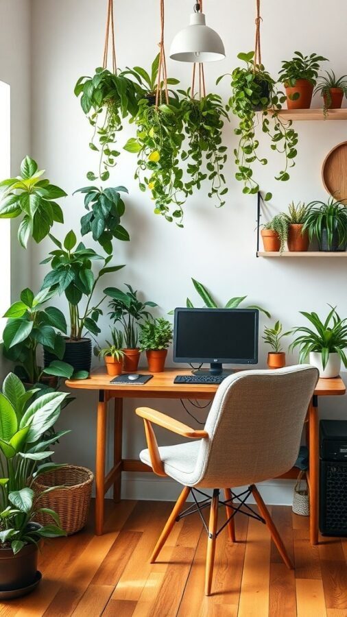 10 Inspiring Home Office Ideas for Maximum Productivity 4 A home office with a wooden desk, computer, and various plants, including hanging plants and potted plants on shelves.