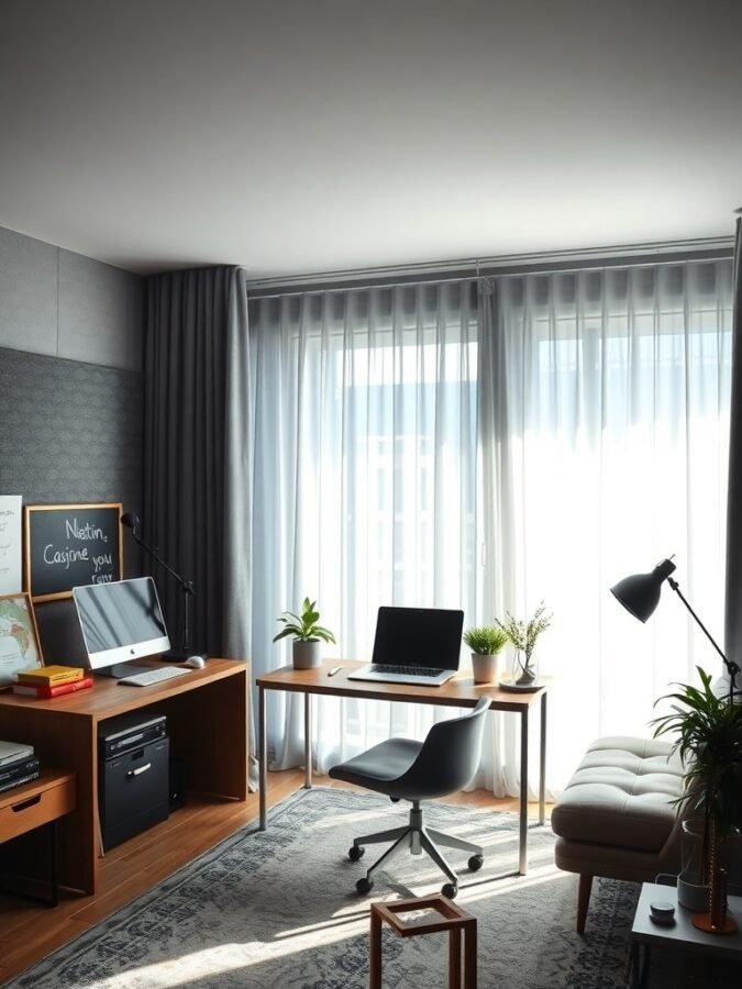 A modern home office with a desk, computer, plants, and large windows with curtains.