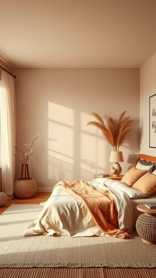 A warm and inviting bedroom with beige walls, cozy bedding, and soft sunlight.