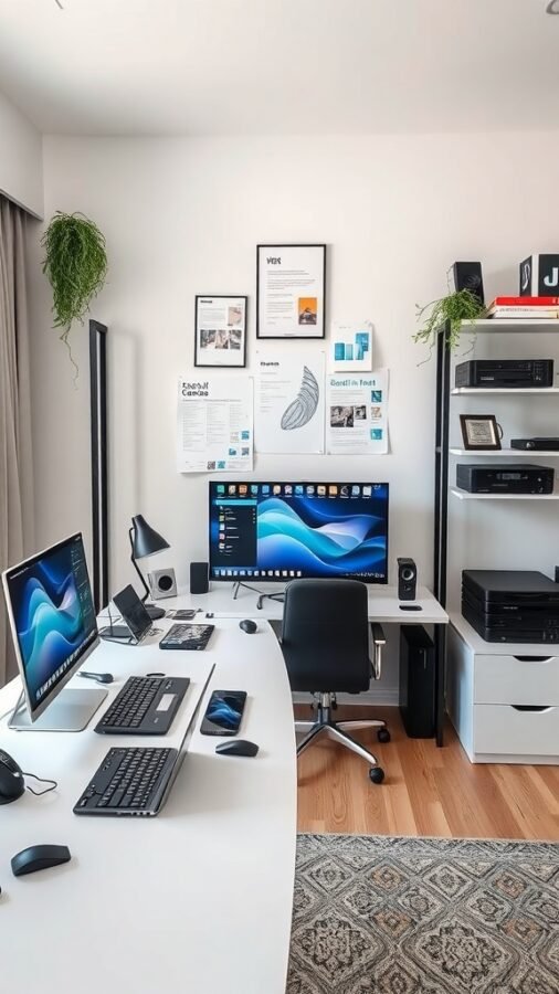 A modern home office setup featuring dual monitors, a laptop, and a clean desk with plants.
