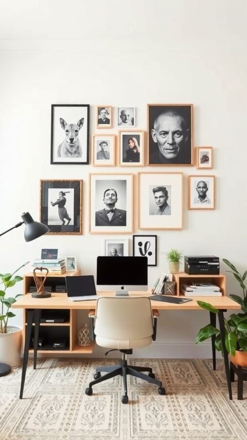 A stylish workspace with a gallery wall featuring black-and-white framed portraits and a dog photo.