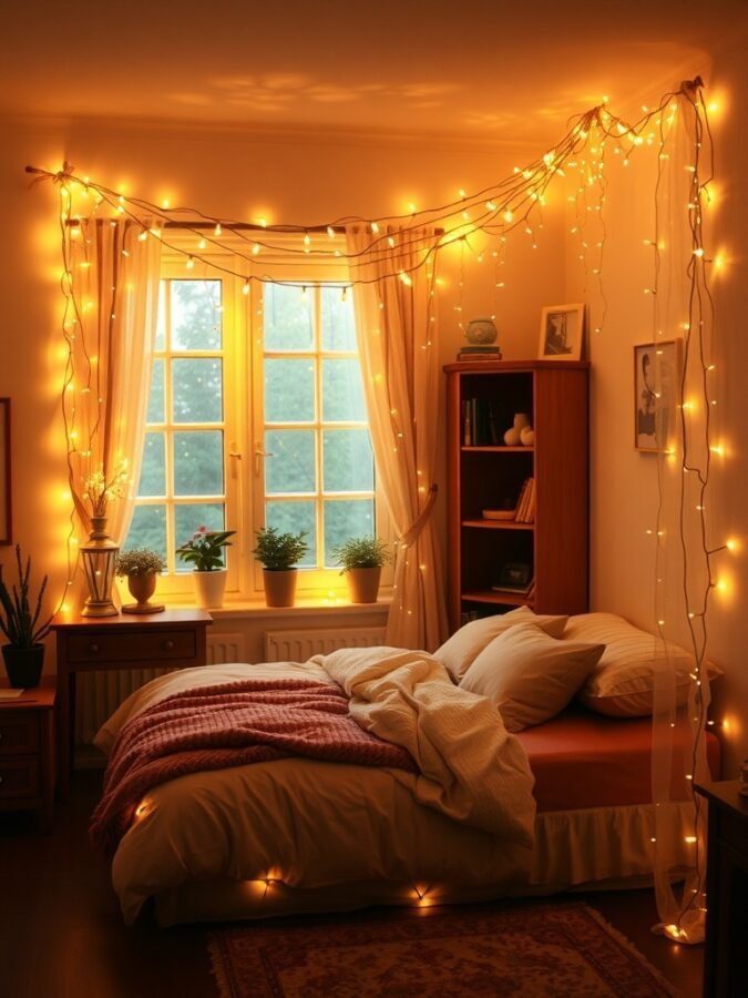 A cozy bedroom with fairy lights draped around a window, creating a warm and inviting atmosphere.