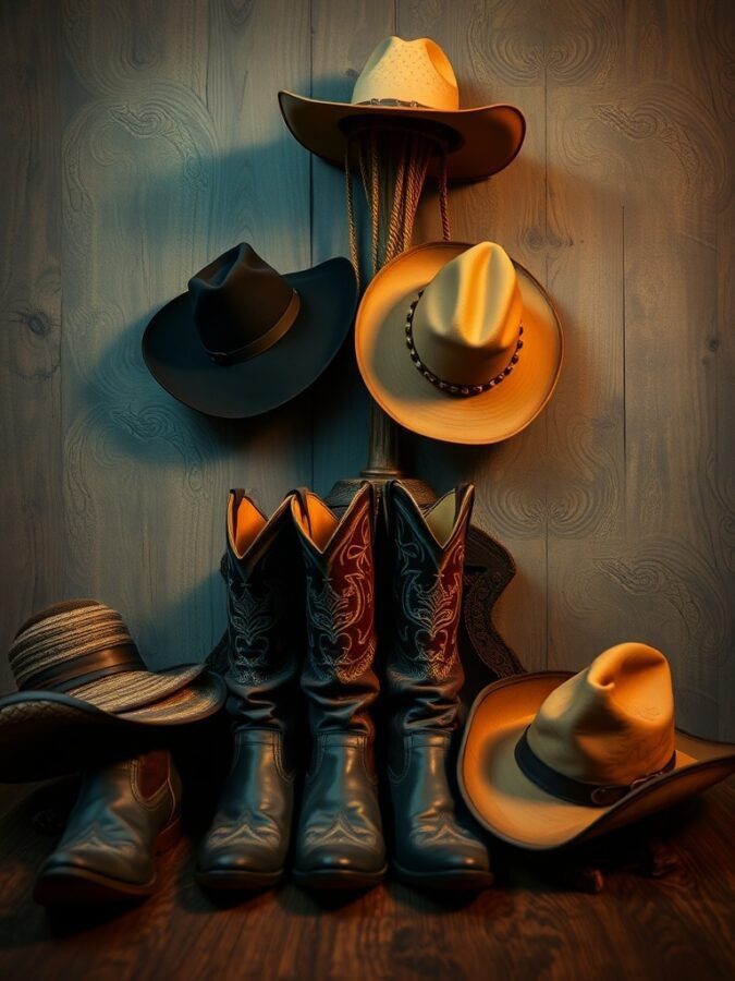 A display of cowboy boots and hats showcasing Western home decor.