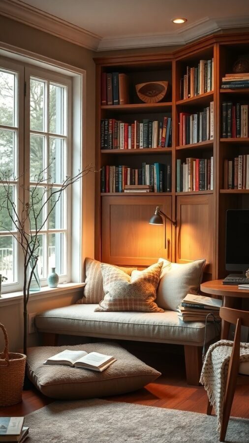 Cozy reading nook in a home office with a bench, cushions, bookshelf, and warm lighting.