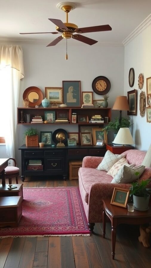 Cozy living room with vintage decor, featuring a pink sofa, wooden shelves with framed art, and a patterned rug.