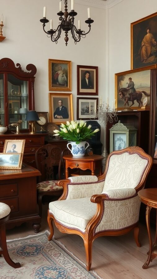 A cozy room featuring antique furniture, including a decorative chair, wooden cabinet, and framed portraits on the wall.