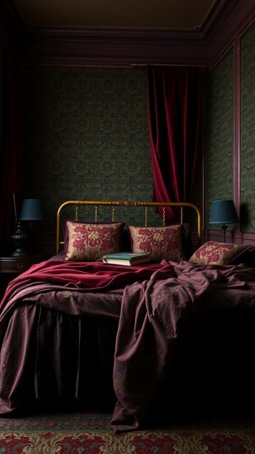 A dark academia styled bedroom featuring rich textured fabrics in deep burgundy tones.