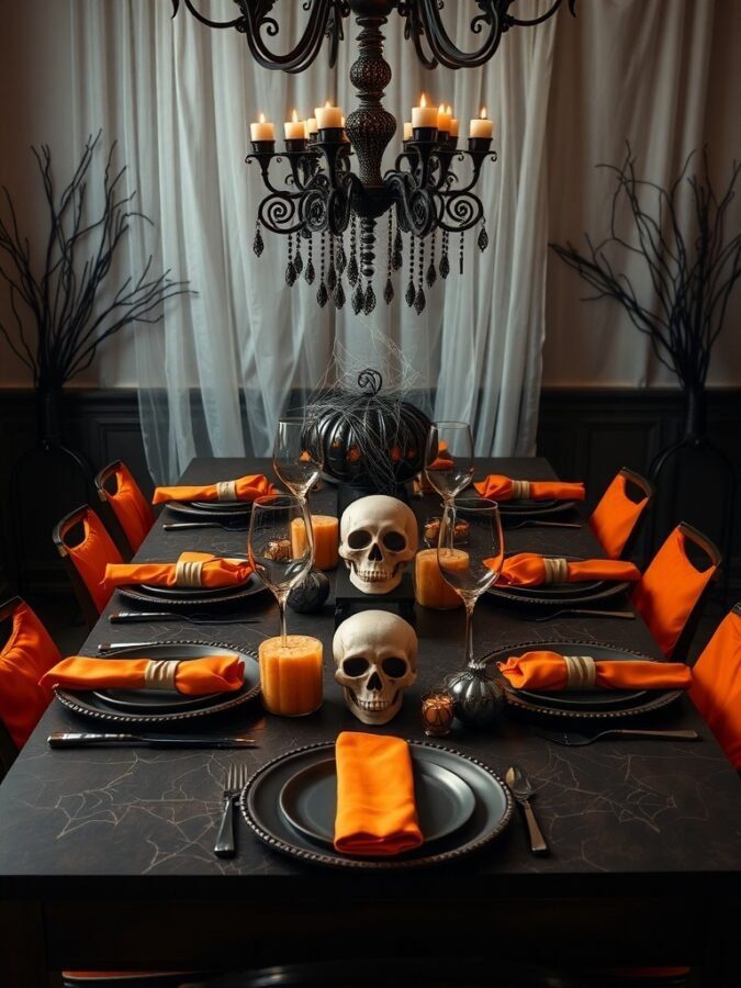 12 Spooktacular Halloween Home Decor Ideas to Transform Your Space 2 A Halloween-themed table setting with skulls, orange napkins, and candles.
