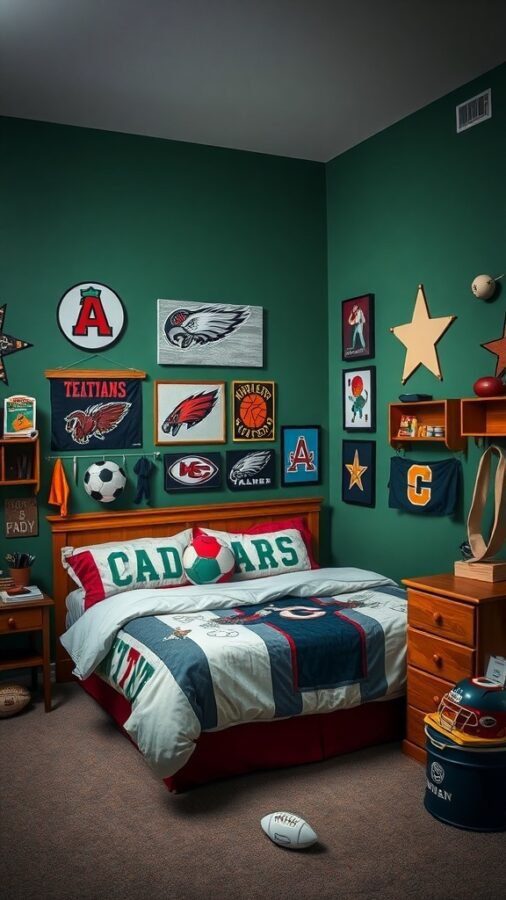 A teen boy's bedroom decorated with sports memorabilia and team colors.