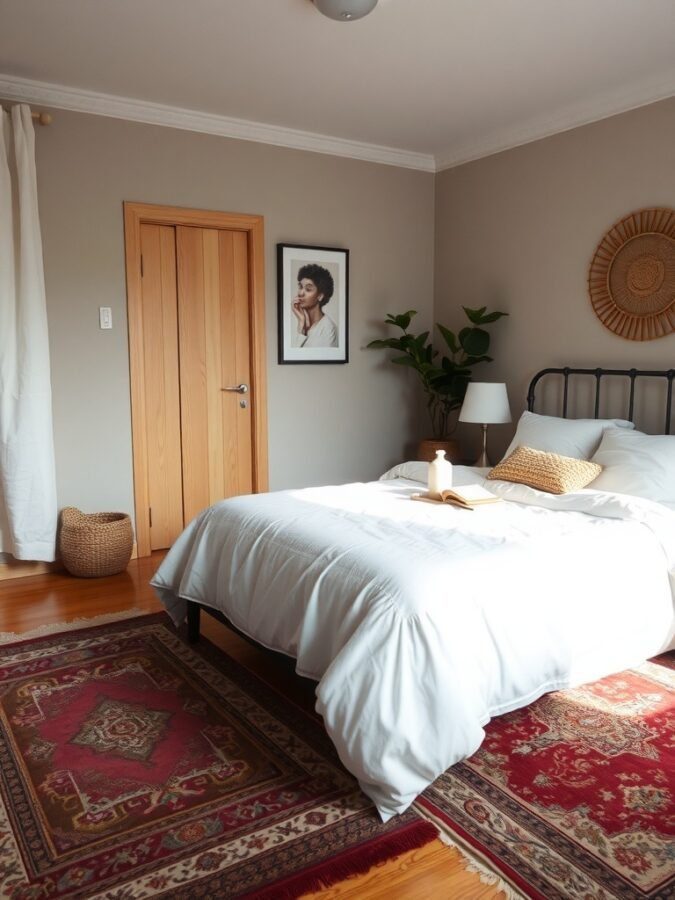 A cozy master bedroom with layered rugs, featuring a large neutral rug underneath a smaller patterned rug, a bed with white linens, and a warm color palette.