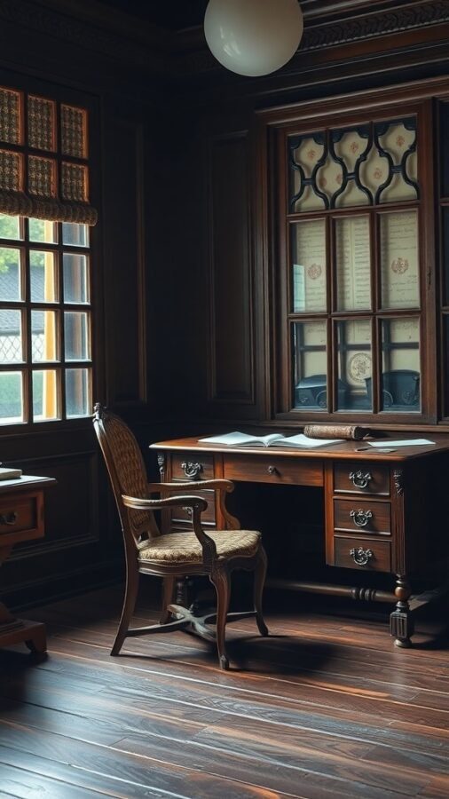 A cozy dark academia bedroom featuring antique wooden furniture, including a desk and a chair, with natural light streaming through the windows.
