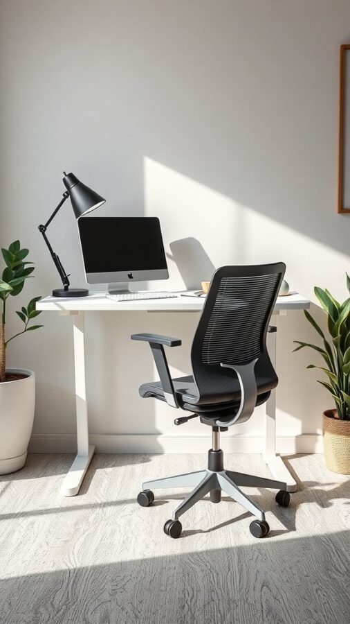 A modern home office setup with an ergonomic chair, desk, and plants.