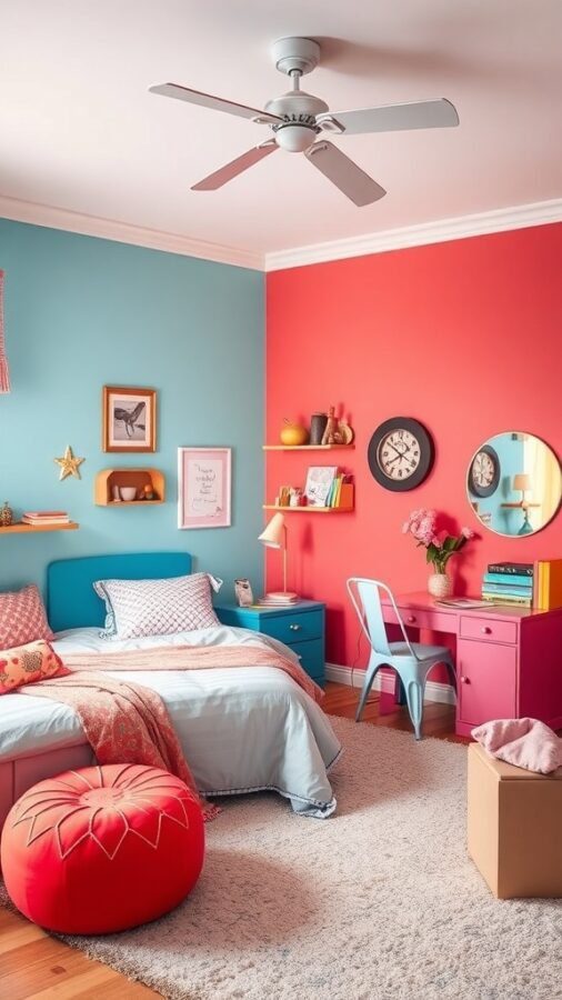 11 Essential Items for a Dreamy Girls' Bedroom Decor 8 A girl's bedroom featuring bright coral and blue walls, colorful furniture, and cozy decor.
