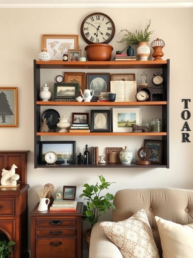 12 Charming Grandmacore Home Decor Items You Need to Try 11 A wall-mounted shelf filled with various decorative items, including clocks, plants, and framed pictures.