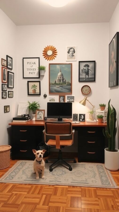 A small home office with a desk, computer, framed artwork on the walls, plants, and a dog.