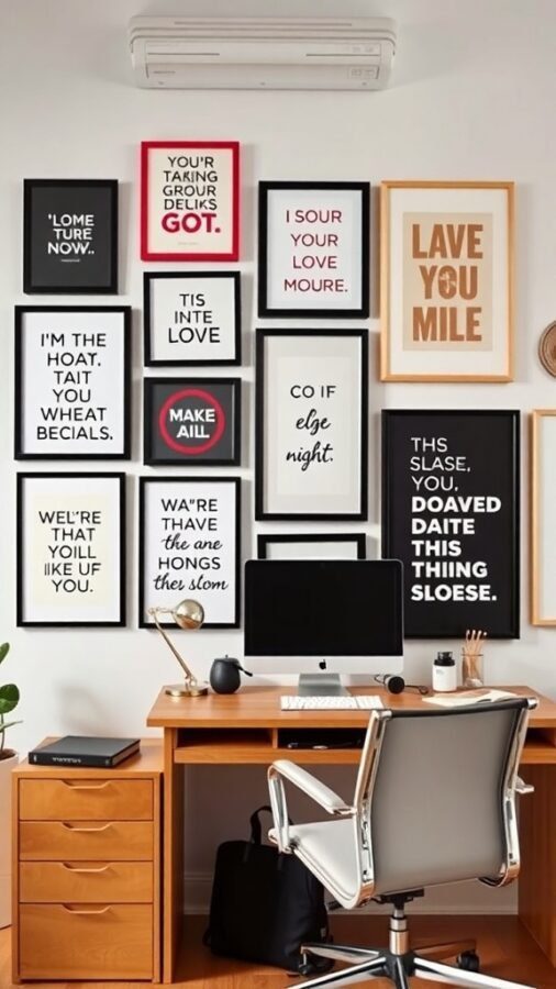 A wall with various framed quotes and phrases in different styles, creating an inspiring atmosphere for a home office.