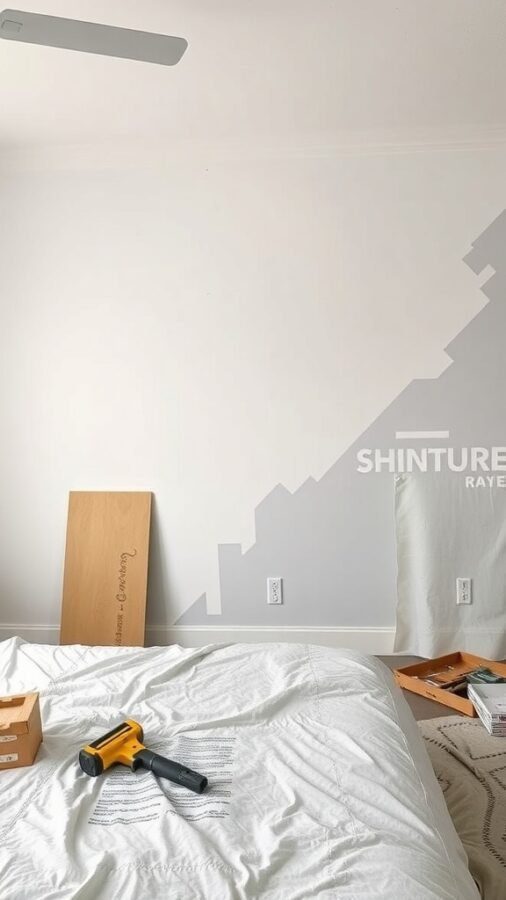 A partially painted accent wall in a bedroom, showing tools and materials for a DIY project.