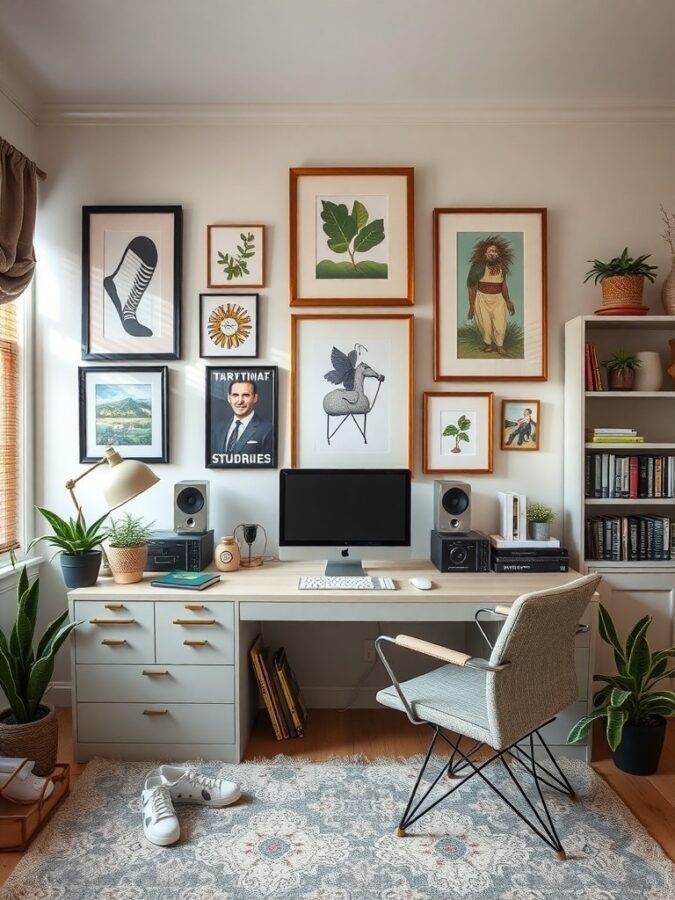 A cozy home office with a desk, computer, wall art, plants, and a comfortable chair.